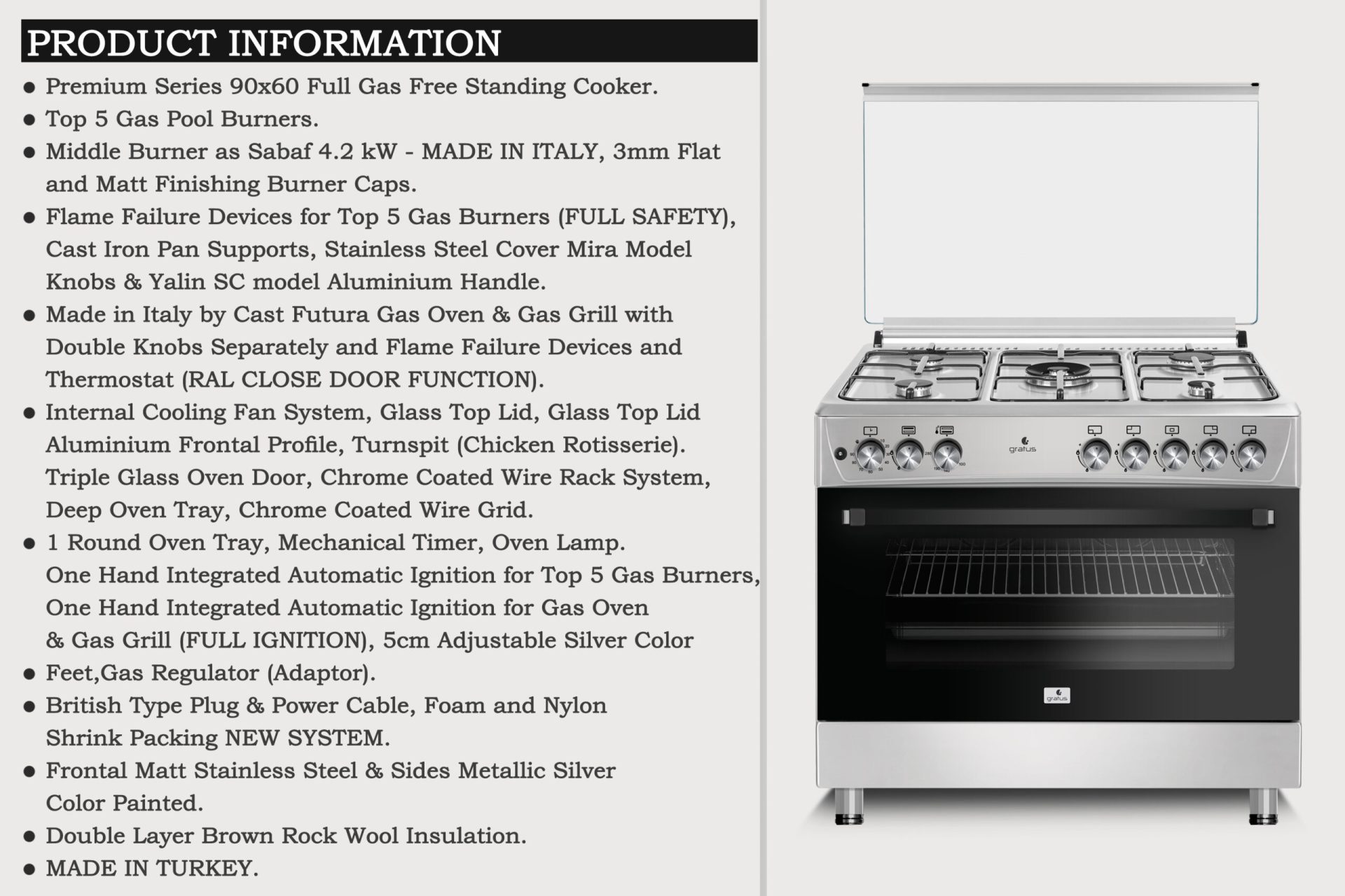 Gratus 90×60cm Free Standing Full Safety Gas Cooker with 5 Gas Burners image 7