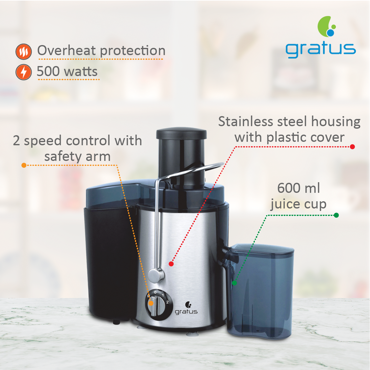 Gratus 500W Juicer with 2-Speed Control & Stainless Steel Housing – GRJR350FAF image 2