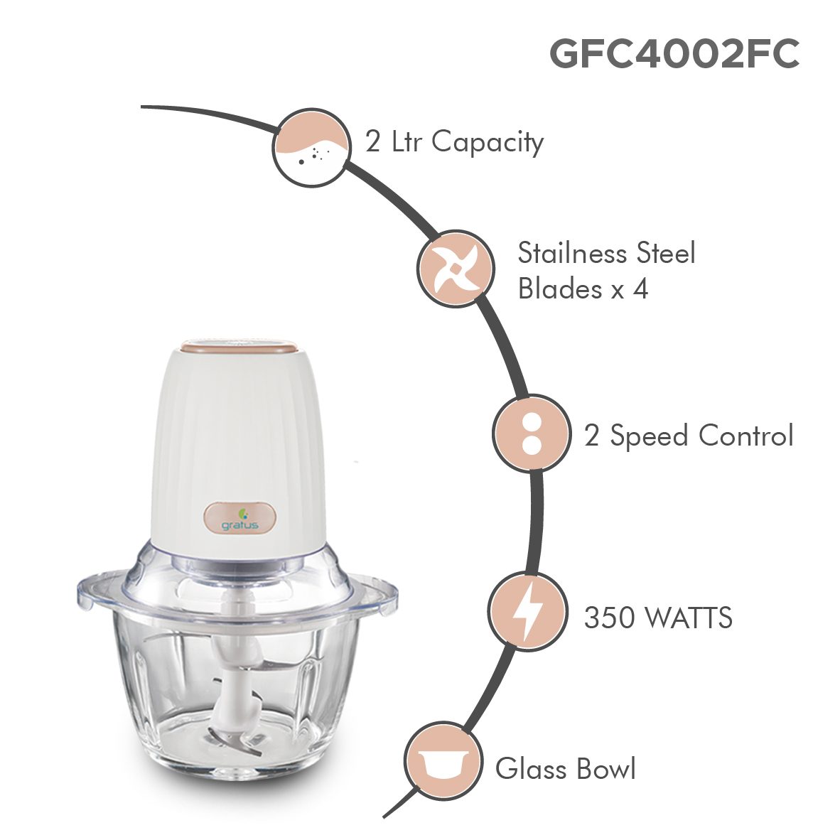 Gratus 350W Food Chopper with 2L Glass Bowl image 4
