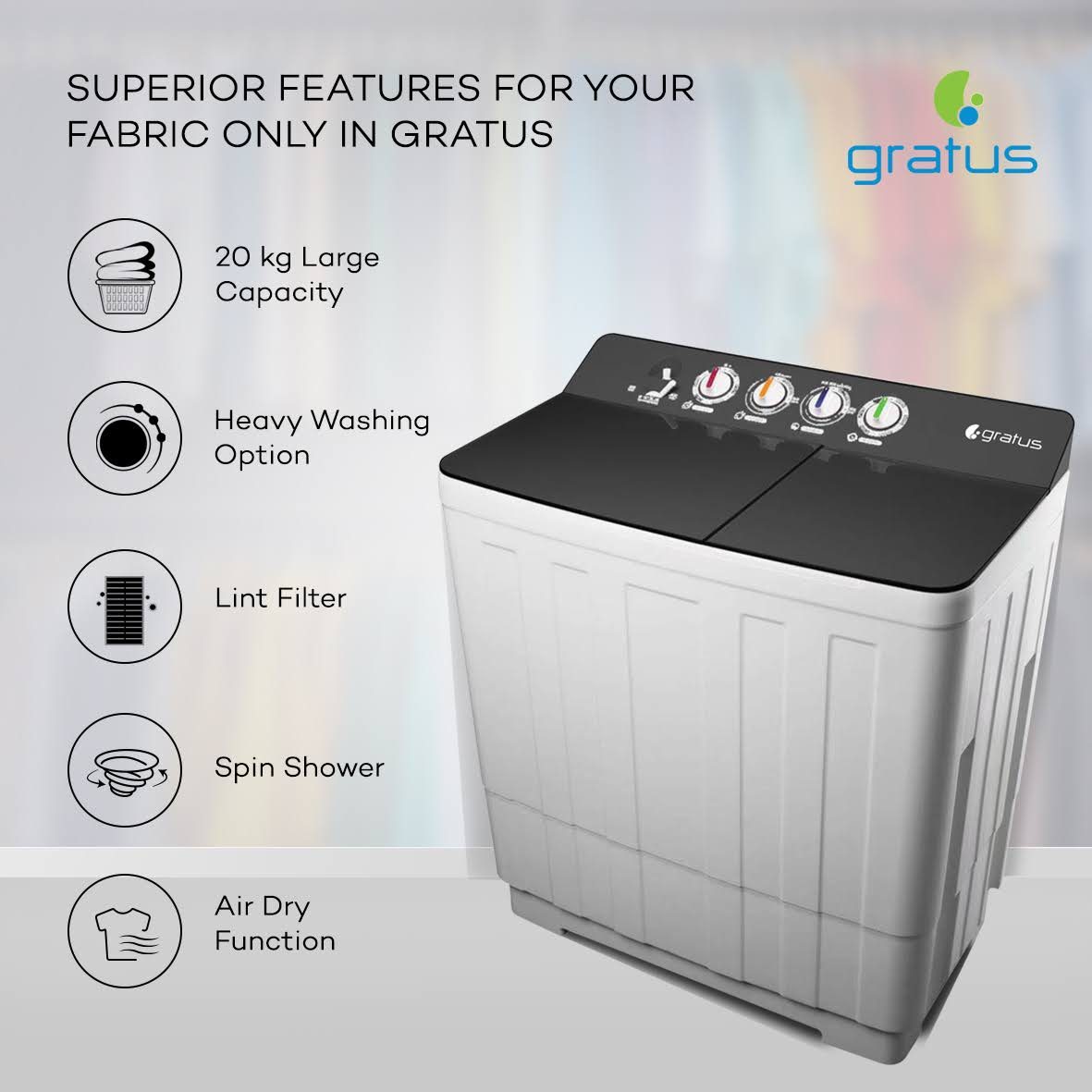 Gratus 20 KG Giant Series Top Load Semi-Automatic Washing Machine – GSW20KCDX1 image 4