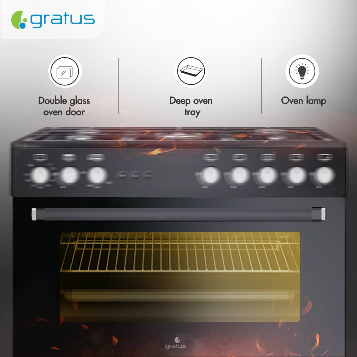 Gratus 90×60 cm Full Safety Free Standing Gas Cooker with 5 Euro Burners (Black) – GGR951F1BS1 image 5