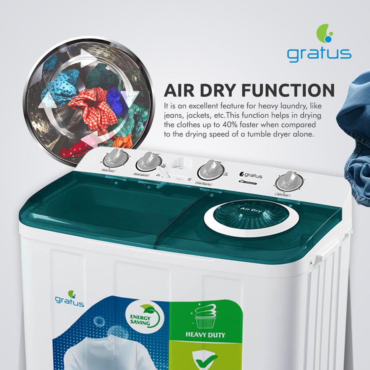 Gratus 10 KG Top Load Semi-Automatic Washing Machine (White) image 5