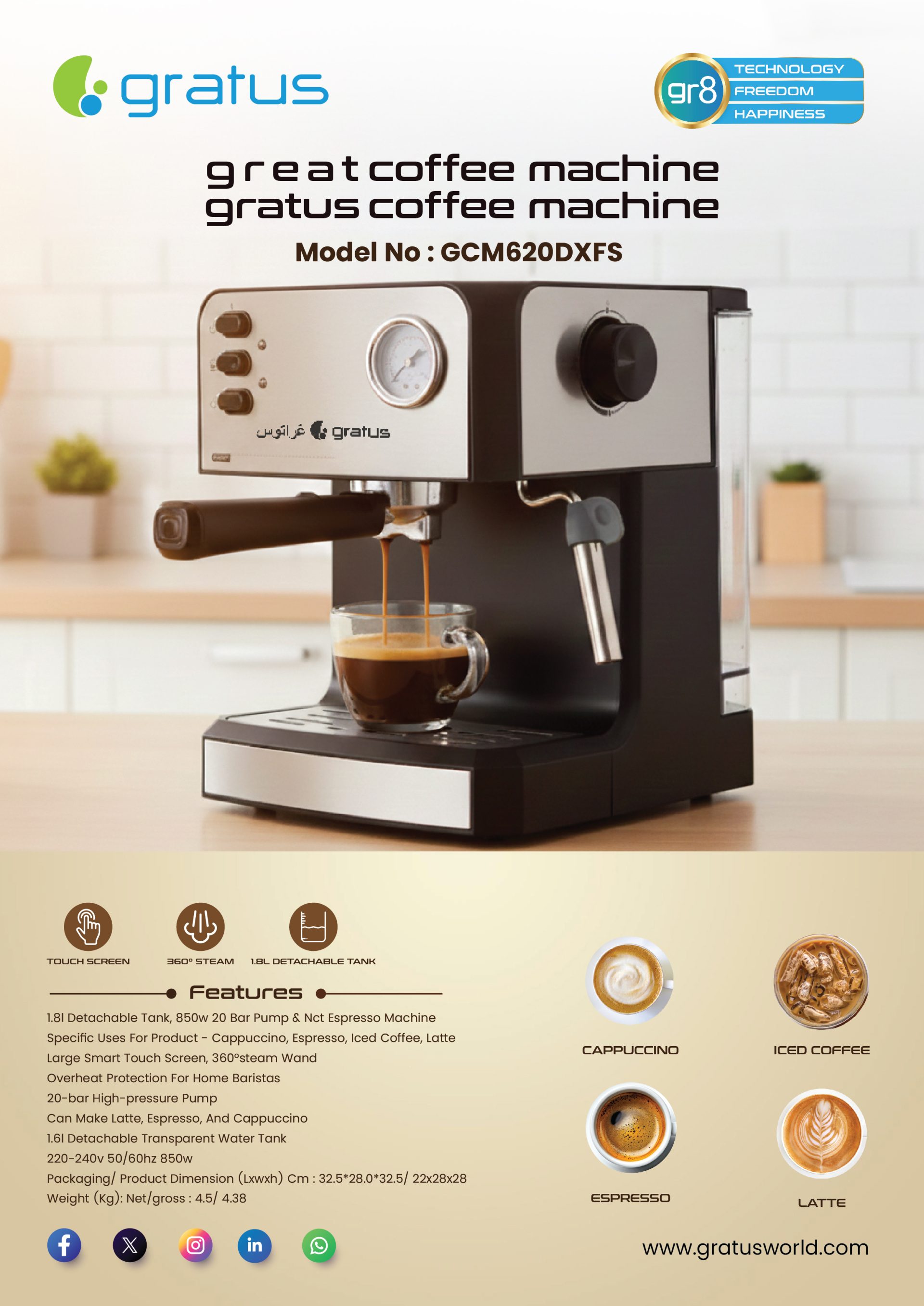 Gratus Semi-Automatic Espresso Coffee Machine | 20 Bar Pump | 850W | Smart Touch Screen | GCM620DXFS image 2