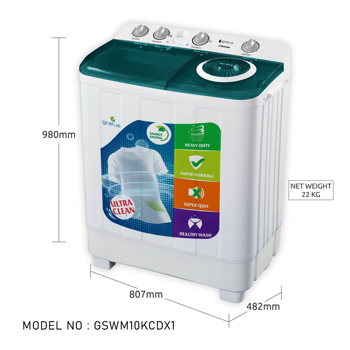 Gratus 10 KG Top Load Semi-Automatic Washing Machine (White) image 7