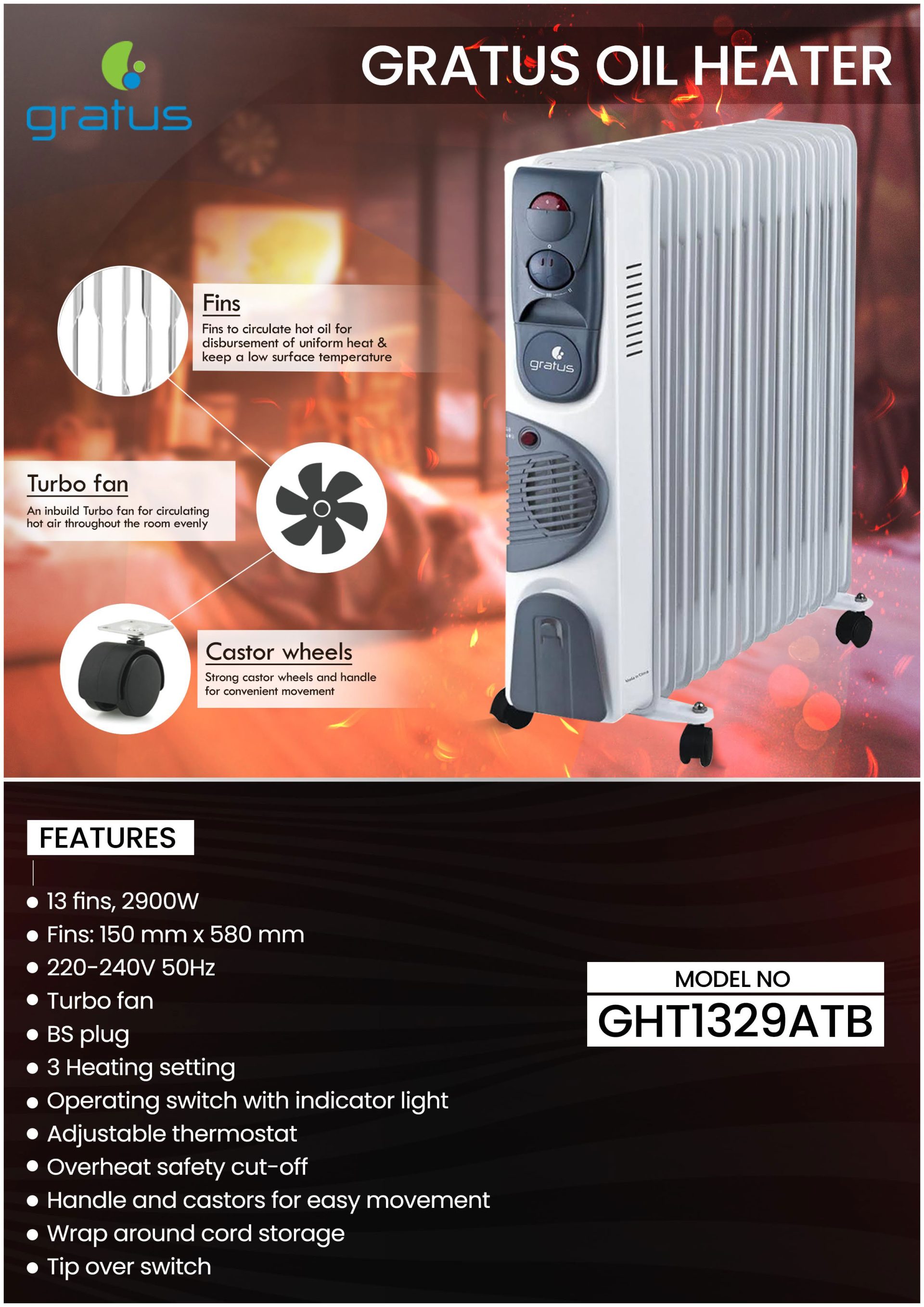 Gratus 13 Fins Oil Heater 2900W with Turbo Fan & Thermostat Control – GHT1329ATB product detail image
