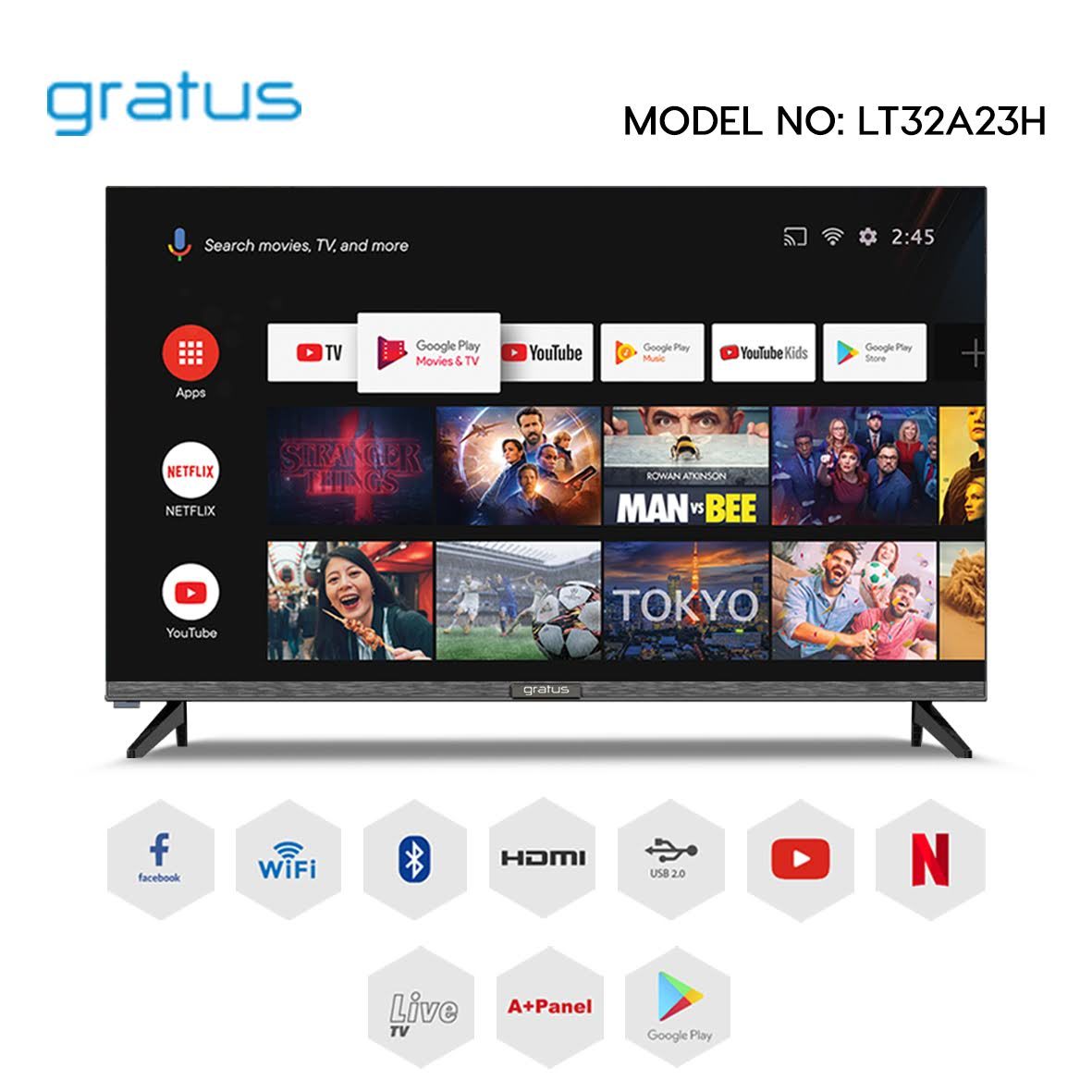 Gratus 32" HD Ready Edgeless Smart Android TV with Built-in DVB-T2/S2 Receiver image 5
