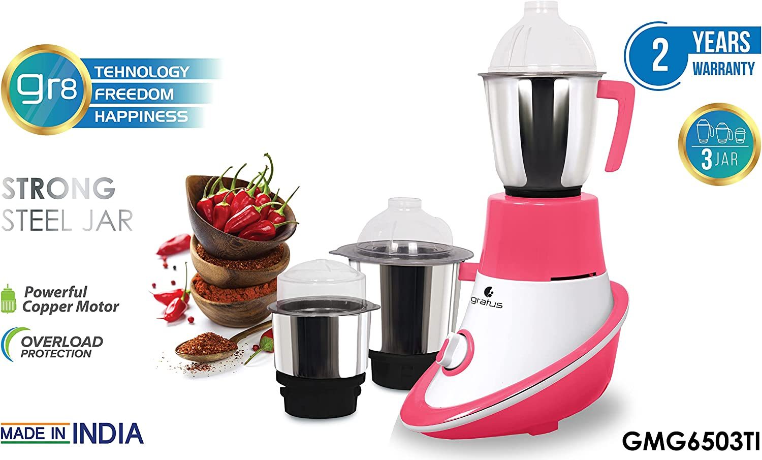 Gratus 600W Mixer Grinder with 3 Stainless Steel Jars & Overload Protection image 7