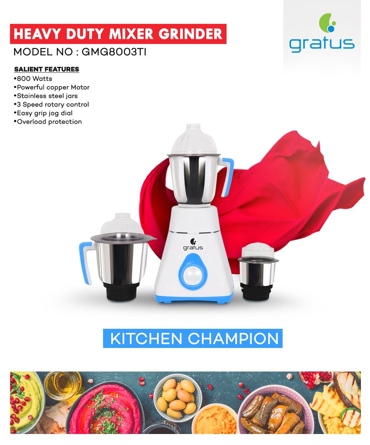 Gratus 800W Mixer Grinder with 3 Stainless Steel Jars image 4