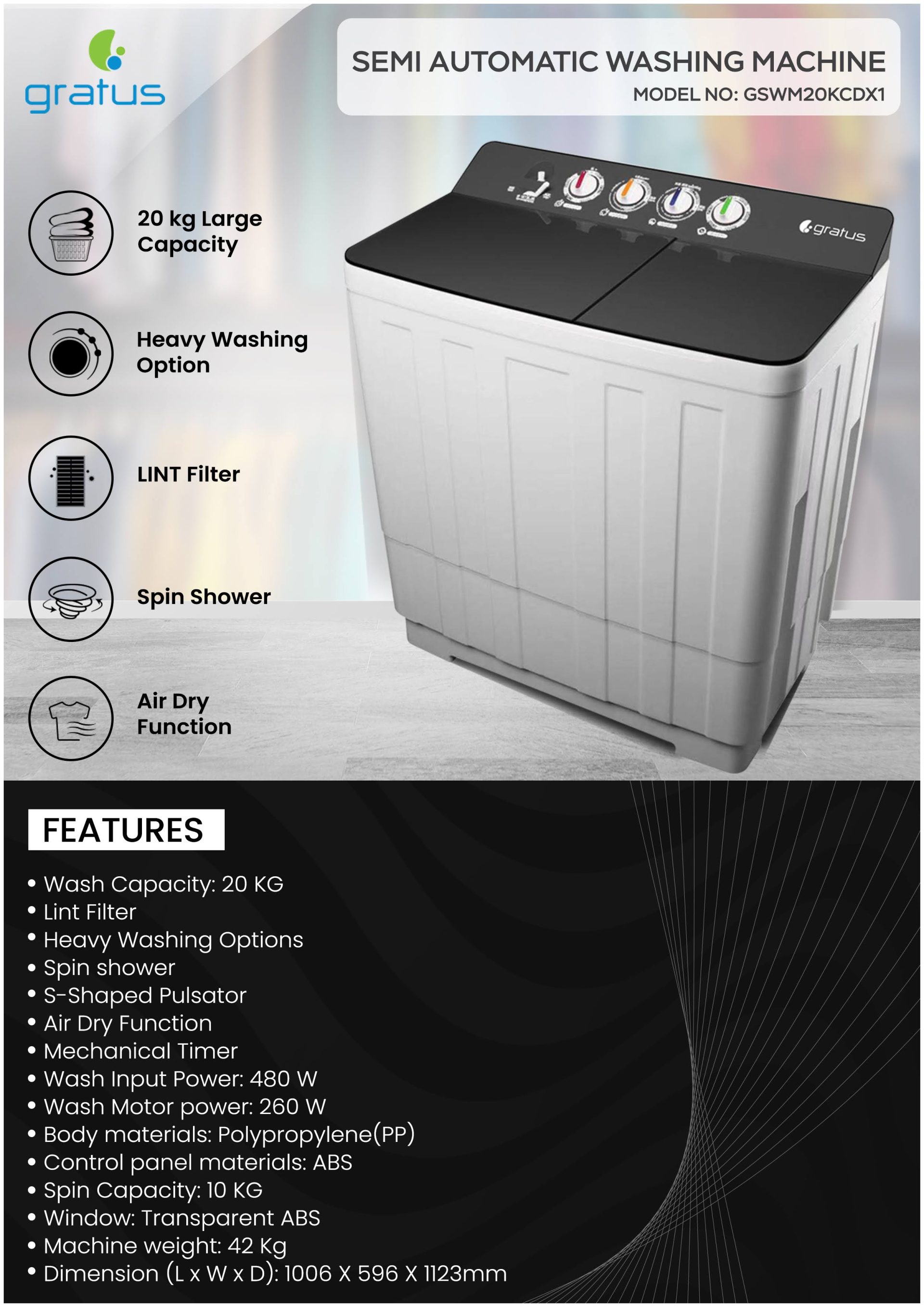 Gratus 20 KG Giant Series Top Load Semi-Automatic Washing Machine – GSW20KCDX1 product detail image