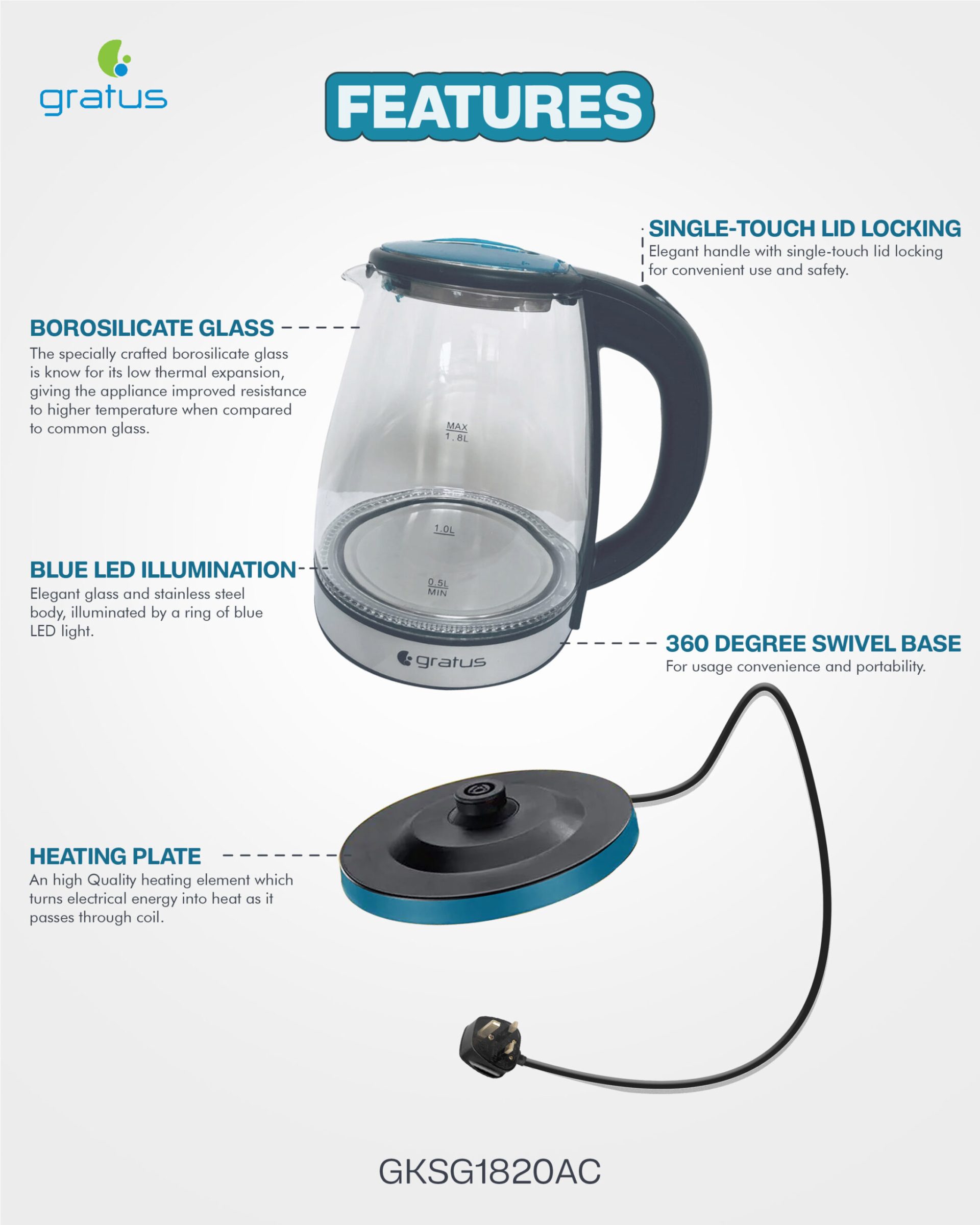 Gratus 1.8L Electric Glass Kettle with 360° Cordless Base image 3
