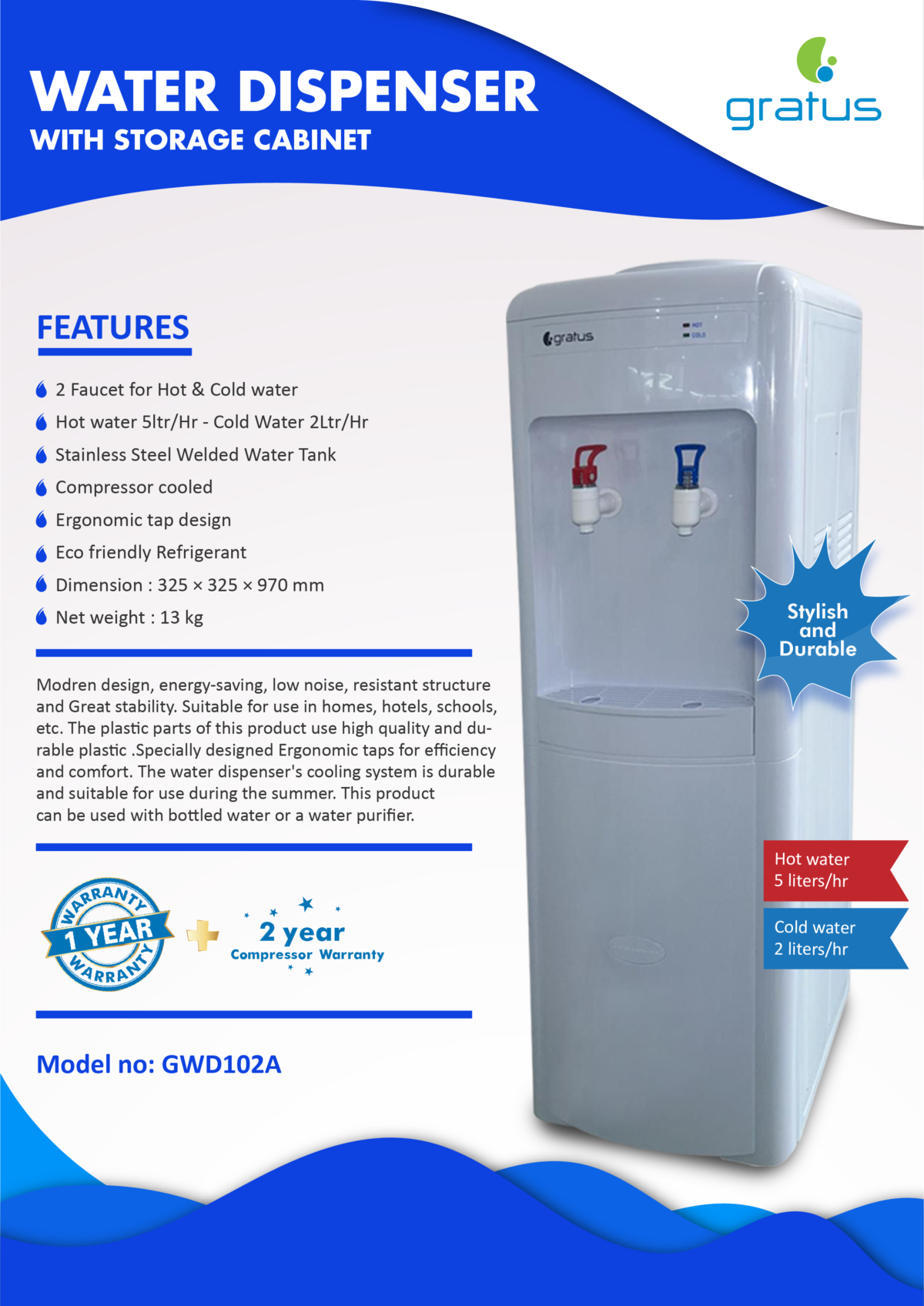 Gratus Hot & Cold 2 Tap Floor Standing Top Loading Water Dispenser with Cabinet | Compressor Cooling | 1-Year Full & 2-Year Compressor Warranty | GWD102AWDX image 7
