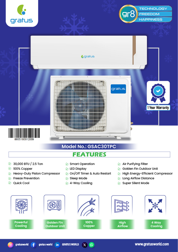 Gratus 2.5 Ton Split Air Conditioner | Heavy-Duty Piston Compressor | R410A Refrigerant | GSAC30TPC image 6