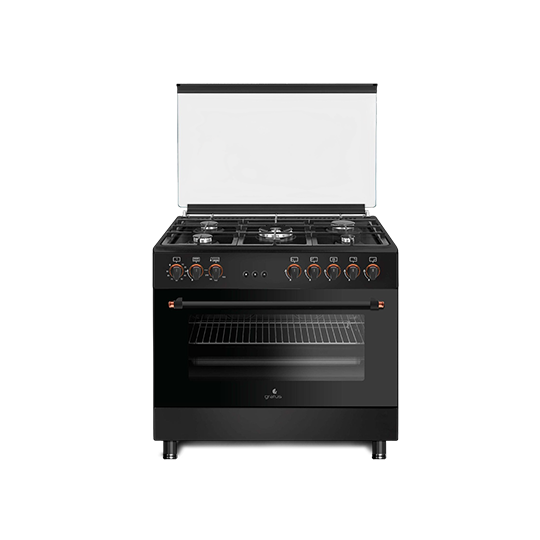 Gratus 90×60cm Full Safety Free Standing Gas Cooker with 5 Gas Pool Burners, Cast Iron & Internal Cooling Fan (Black) | GGR951F1BS2 - 90X60 by Gratus