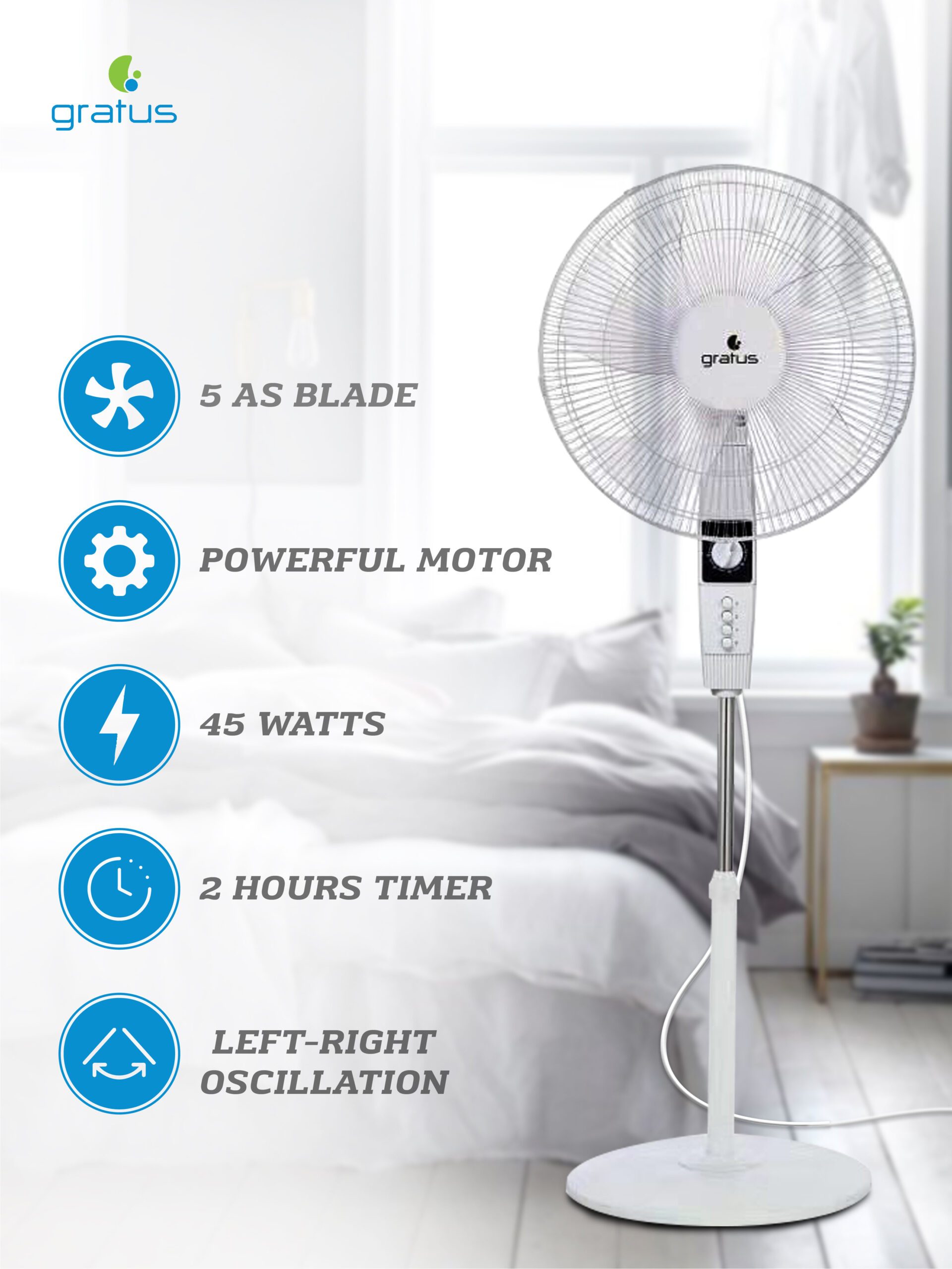 Gratus PEDESTAL 16 INCH STAND FAN, 5 AS BLADES, 45W, 2HRS TIMER, 1-YEAR WARRANTY, Model- GRSF20122HAHC
